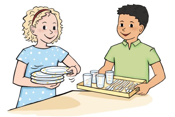 Zeichnung eines M‰dchens und eines Jungen, die zusammen einen Tisch decken.